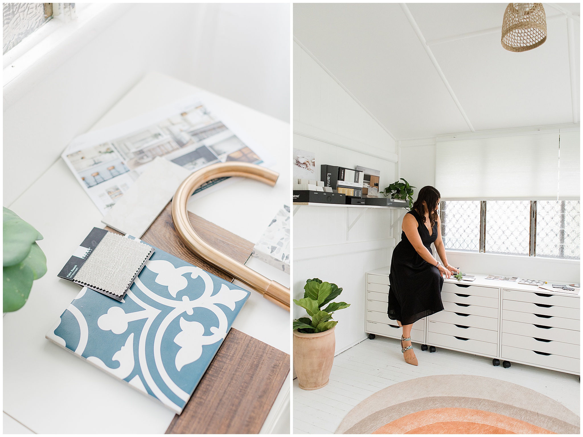 Flatlay of fabric swatches, textures, and décor details from Summit and Co.’s design process.