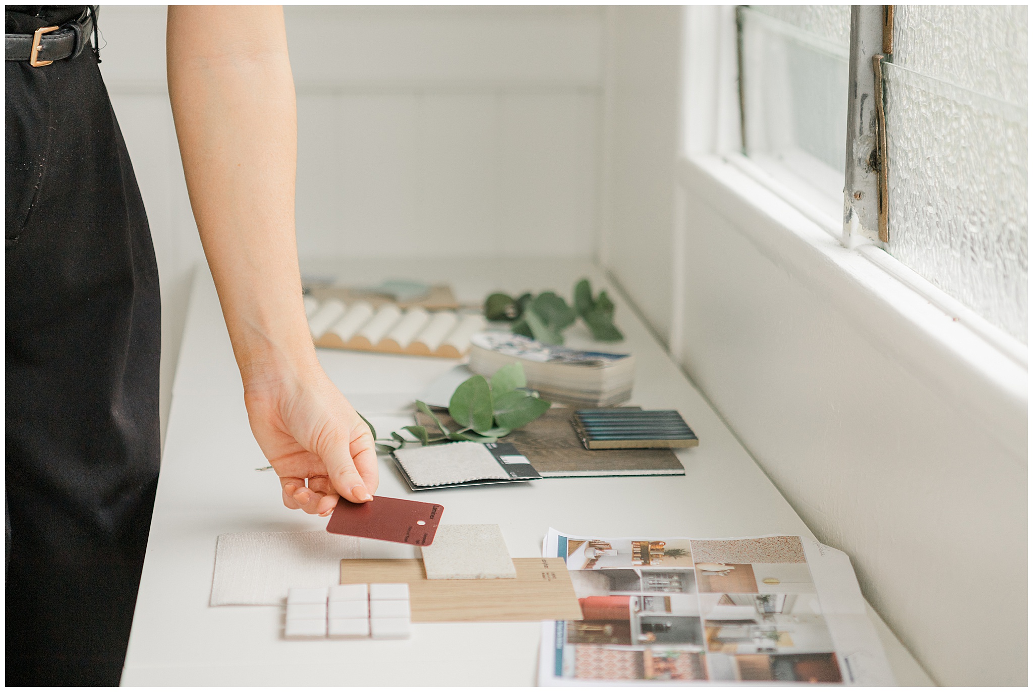 Flatlay of fabric swatches, textures, and décor details from Summit and Co.’s design process.