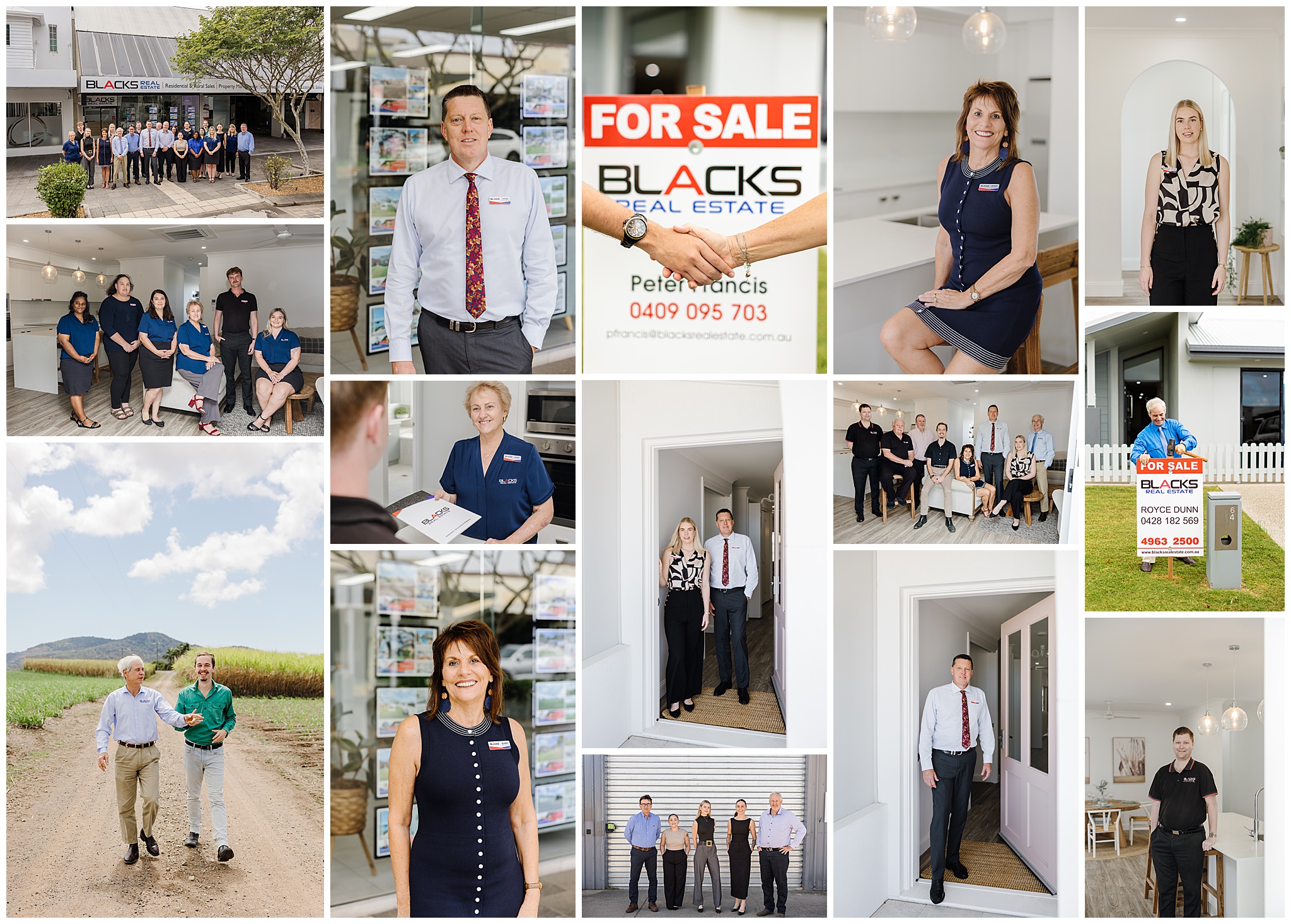 Collage of professional realtor branding photo ideas including headshots, team portraits, sold sign celebrations, and on-the-job lifestyle images in Mackay.