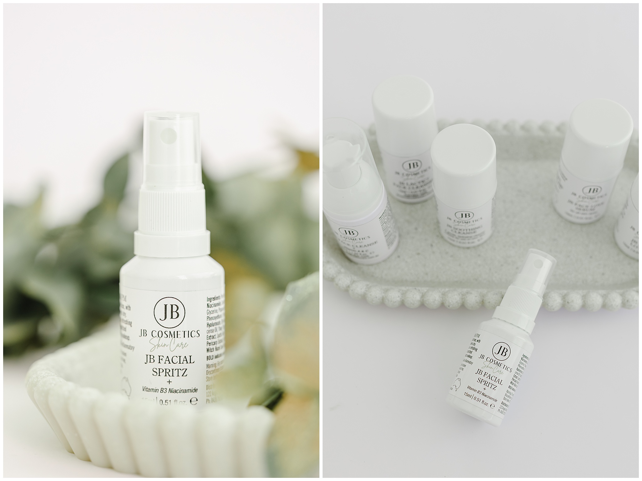 JB Skincare facial mist bottle styled with Baby Blue Eucalyptus and neutral stone, photographed in Mackay studio for natural Australian skincare brand content.