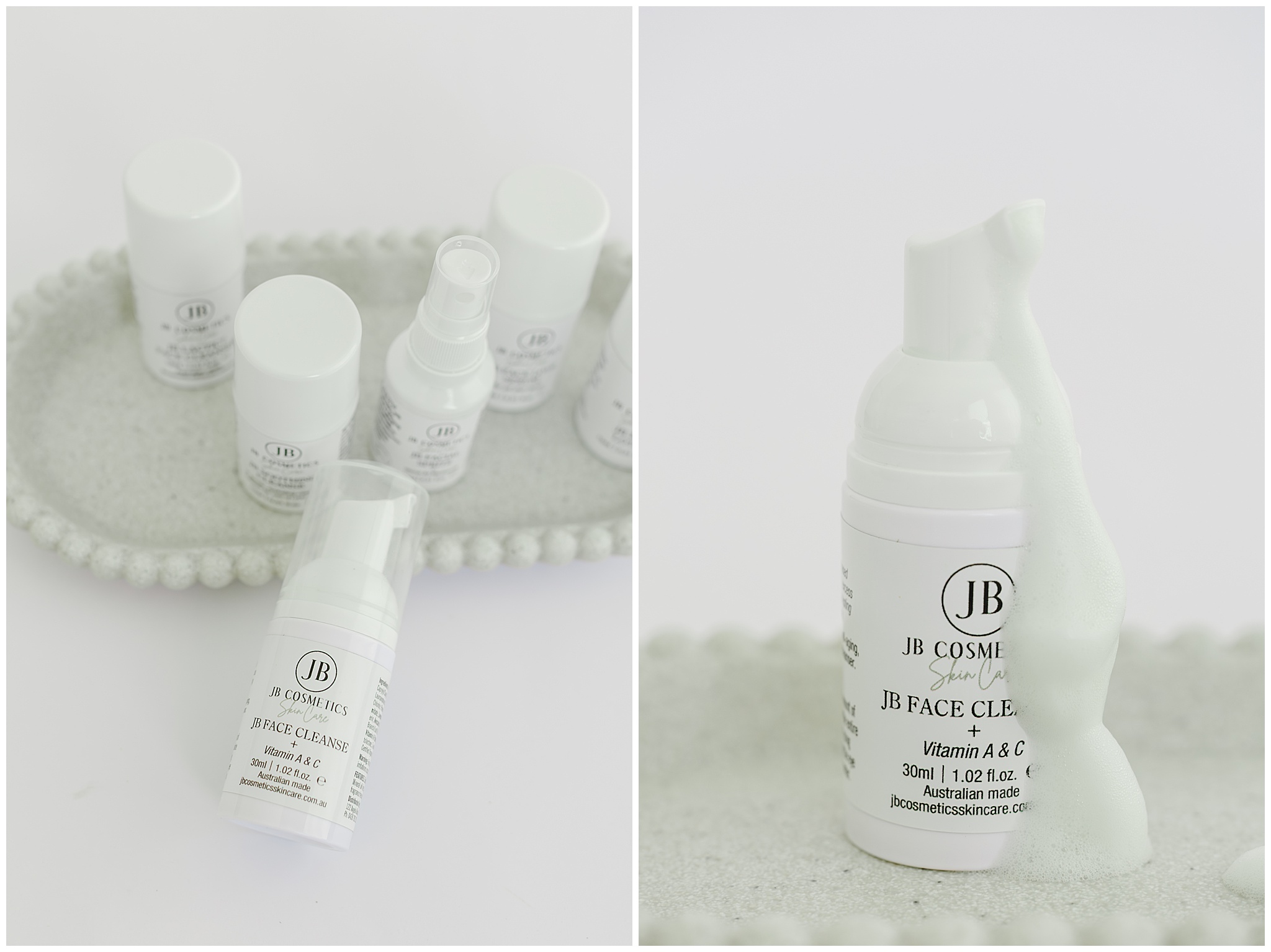 Close-up of JB Skincare foam cleanser pump dispensing product, captured with clean white studio lighting for natural Australian skincare product photography in Mackay.