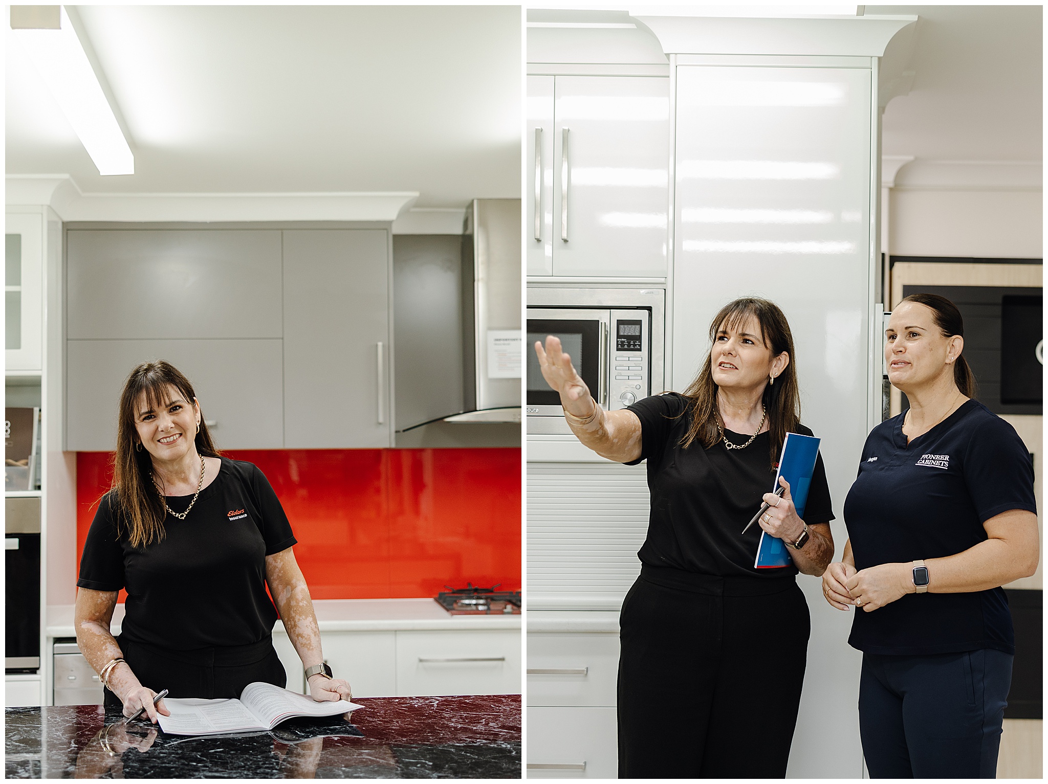 Elders Insurance agent with commercial client in showroom.