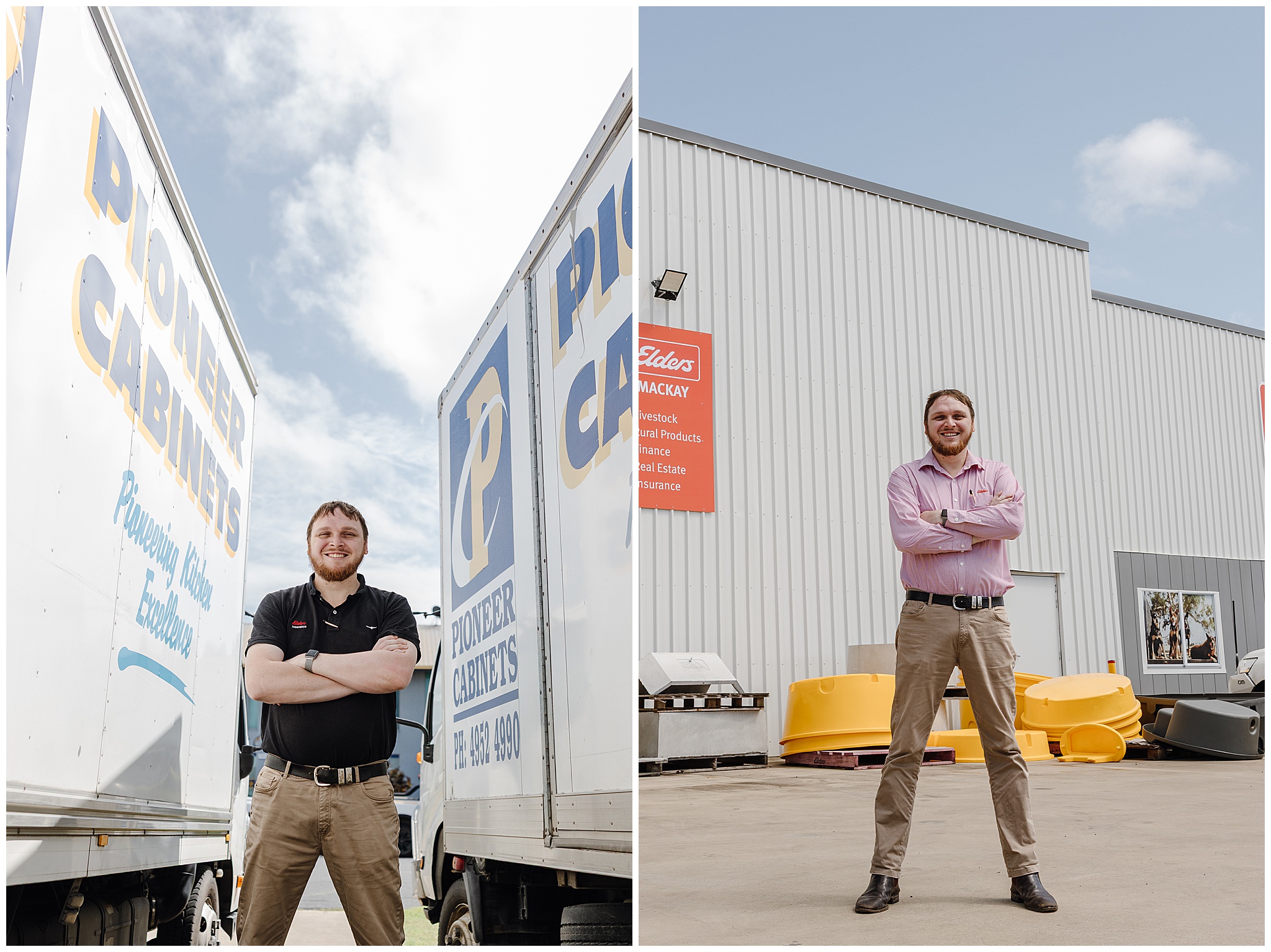 Insurance Agent posed between fleet of trucks.