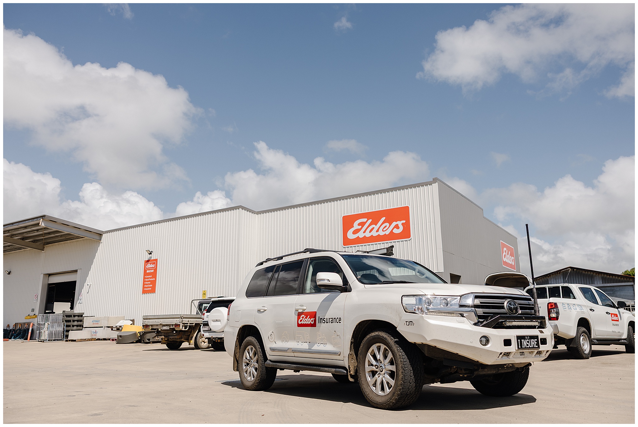 Elders Insurance vehicle in front of Elders shed.