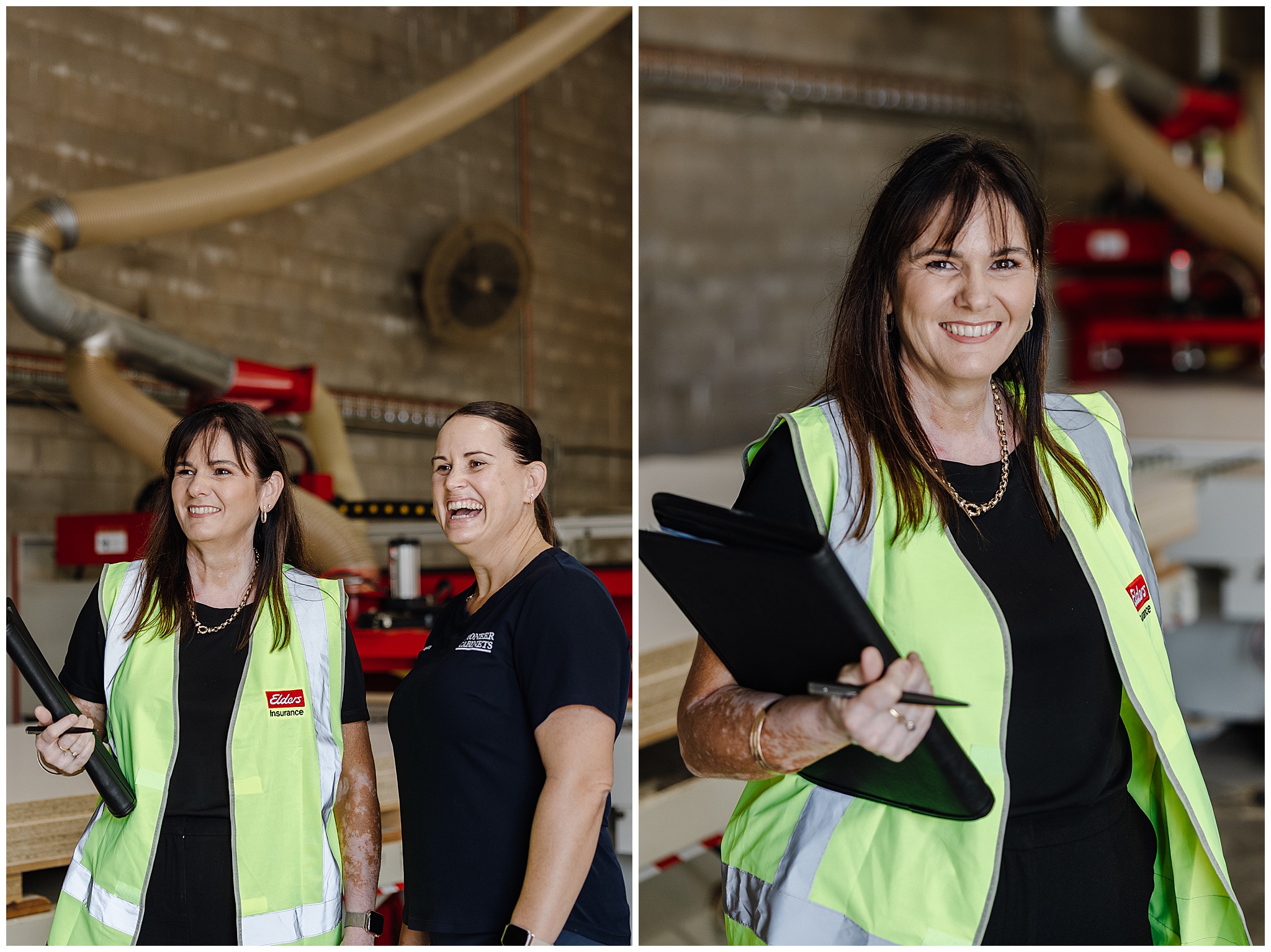 Insurance agent with client in their workshop on brand photoshoot